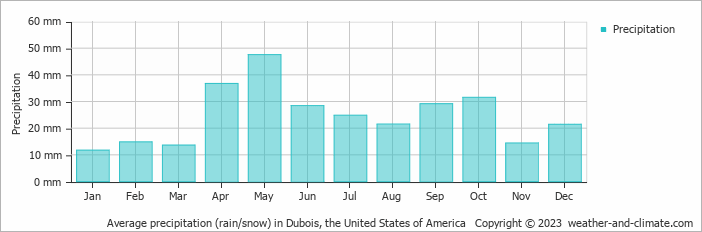 Average monthly rainfall, snow, precipitation in Dubois, the United States of America