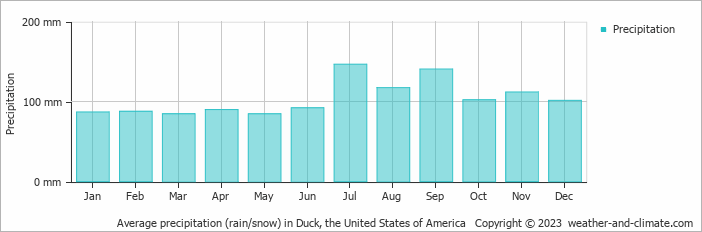 Average monthly rainfall, snow, precipitation in Duck, the United States of America