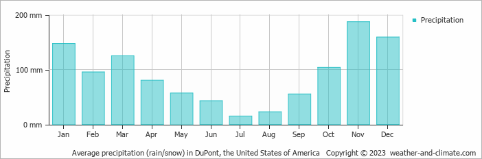 Average monthly rainfall, snow, precipitation in DuPont, the United States of America
