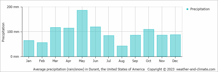 Average monthly rainfall, snow, precipitation in Durant, the United States of America