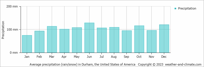 Average monthly rainfall, snow, precipitation in Durham, the United States of America