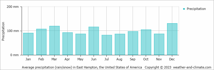 Average monthly rainfall, snow, precipitation in East Hampton, the United States of America