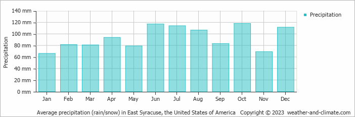 Average monthly rainfall, snow, precipitation in East Syracuse, the United States of America