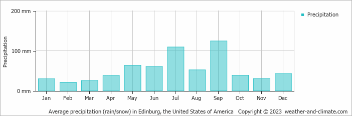 Average monthly rainfall, snow, precipitation in Edinburg, the United States of America
