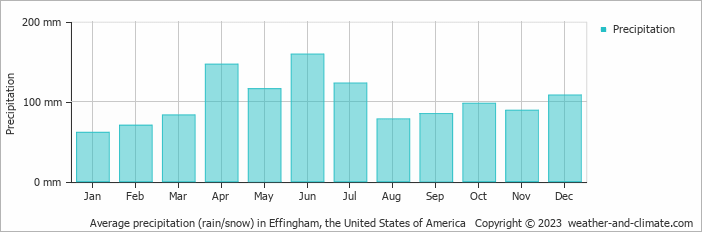 Average monthly rainfall, snow, precipitation in Effingham, the United States of America