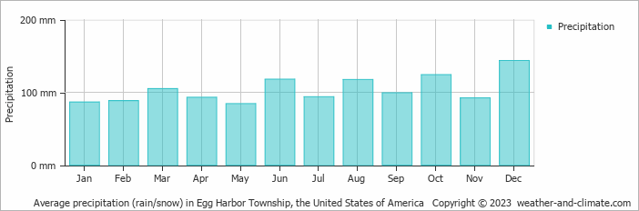 Average monthly rainfall, snow, precipitation in Egg Harbor Township, the United States of America