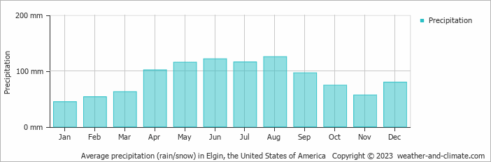 Average monthly rainfall, snow, precipitation in Elgin, the United States of America