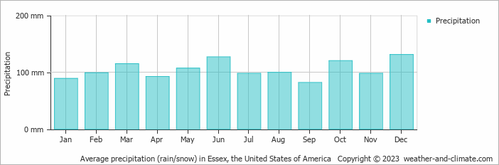 Average monthly rainfall, snow, precipitation in Essex, the United States of America