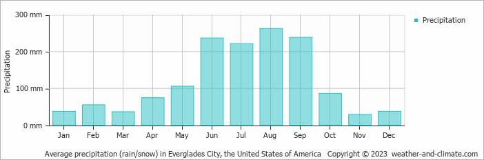 Average monthly rainfall, snow, precipitation in Everglades City, the United States of America