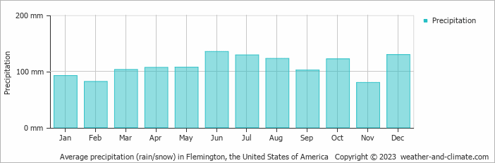 Average monthly rainfall, snow, precipitation in Flemington, the United States of America