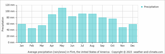 Average monthly rainfall, snow, precipitation in Flint, the United States of America