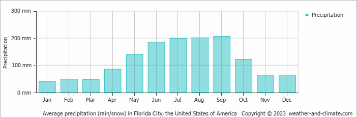 Average monthly rainfall, snow, precipitation in Florida City, the United States of America