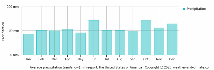 Average monthly rainfall, snow, precipitation in Freeport, the United States of America