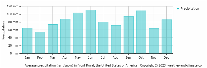 Average monthly rainfall, snow, precipitation in Front Royal, the United States of America