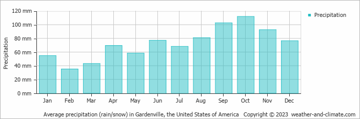 Average monthly rainfall, snow, precipitation in Gardenville, the United States of America