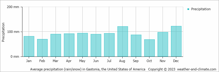 Average monthly rainfall, snow, precipitation in Gastonia, the United States of America