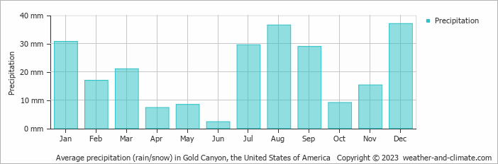 Average monthly rainfall, snow, precipitation in Gold Canyon, the United States of America