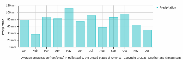 Average monthly rainfall, snow, precipitation in Hallettsville, the United States of America