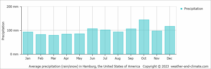 Average monthly rainfall, snow, precipitation in Hamburg, the United States of America
