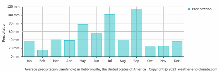 Average monthly rainfall, snow, precipitation in Hebbronville, the United States of America