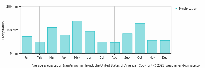 Average monthly rainfall, snow, precipitation in Hewitt (TX), 