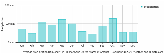 Average monthly rainfall, snow, precipitation in Hillsboro, the United States of America