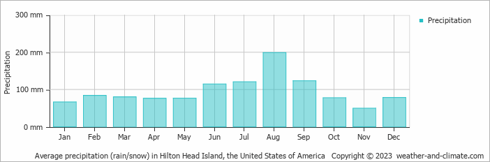 Average monthly rainfall, snow, precipitation in Hilton Head Island, the United States of America