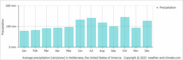 Average monthly rainfall, snow, precipitation in Holderness, the United States of America
