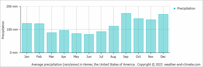Average monthly rainfall, snow, precipitation in Homer, the United States of America
