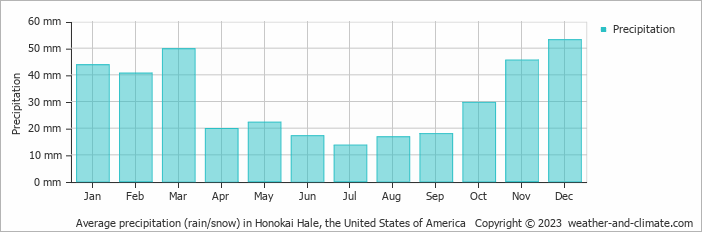 Average monthly rainfall, snow, precipitation in Honokai Hale, the United States of America