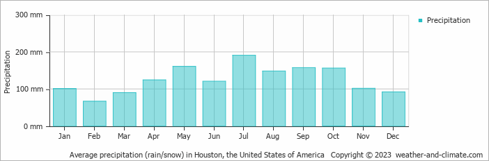 Average precipitation (rain/snow) in Houston, United States of America   Copyright © 2022  weather-and-climate.com  
