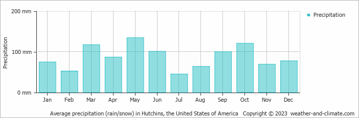 Average monthly rainfall, snow, precipitation in Hutchins, the United States of America