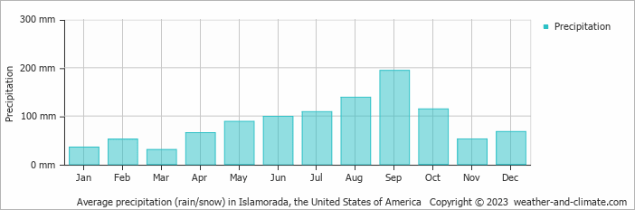 Average monthly rainfall, snow, precipitation in Islamorada, the United States of America