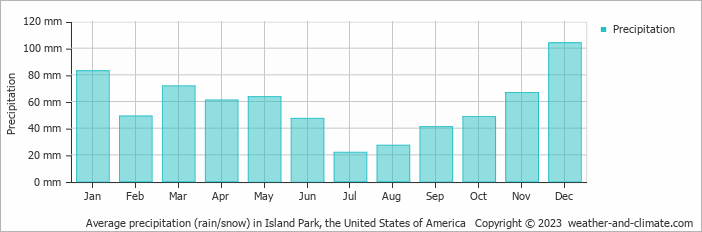 Average monthly rainfall, snow, precipitation in Island Park, the United States of America