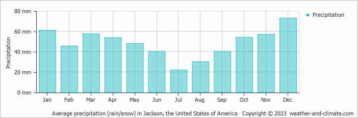 Average monthly rainfall, snow, precipitation in Jackson (WY), 