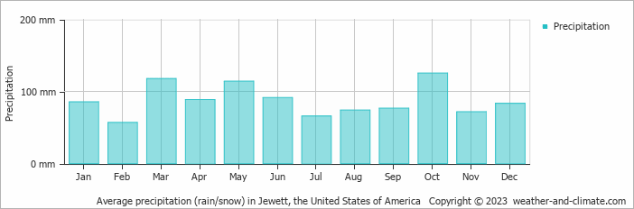Average monthly rainfall, snow, precipitation in Jewett, the United States of America