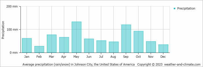 Average monthly rainfall, snow, precipitation in Johnson City, the United States of America