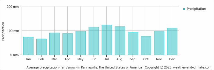 Average monthly rainfall, snow, precipitation in Kannapolis, the United States of America