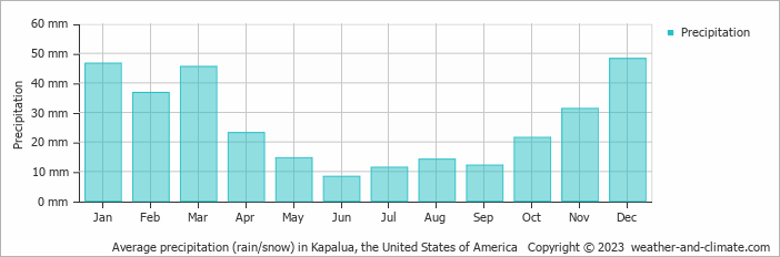 Average monthly rainfall, snow, precipitation in Kapalua, the United States of America