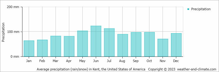 Average monthly rainfall, snow, precipitation in Kent, the United States of America