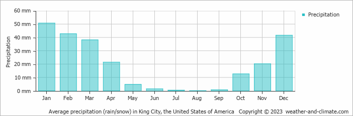 Average monthly rainfall, snow, precipitation in King City, the United States of America