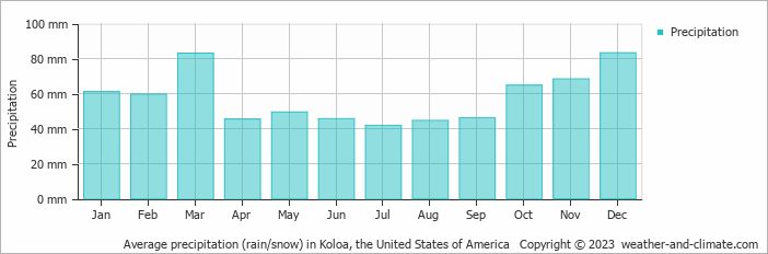 Average monthly rainfall, snow, precipitation in Koloa, the United States of America