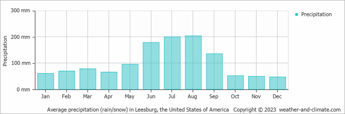 Average monthly rainfall, snow, precipitation in Leesburg, the United States of America