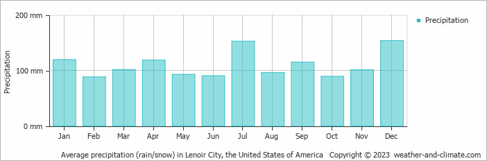 Average monthly rainfall, snow, precipitation in Lenoir City, the United States of America