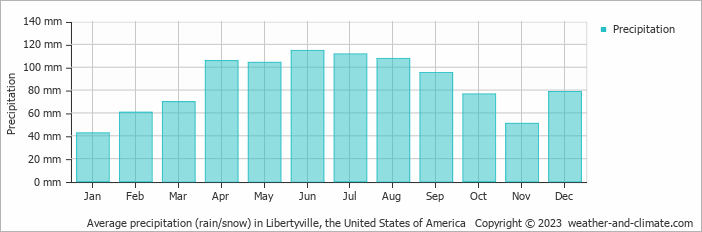 Average monthly rainfall, snow, precipitation in Libertyville, the United States of America
