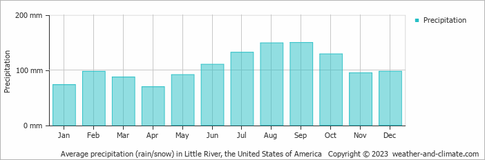 Average monthly rainfall, snow, precipitation in Little River, the United States of America