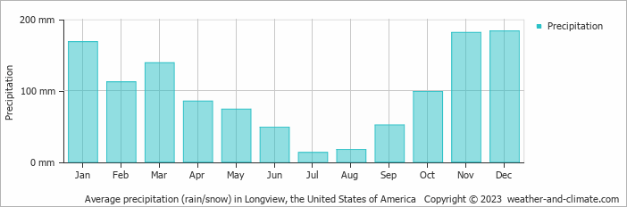 Average monthly rainfall, snow, precipitation in Longview, the United States of America