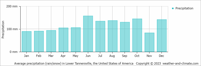 Average monthly rainfall, snow, precipitation in Lower Tannersville, 