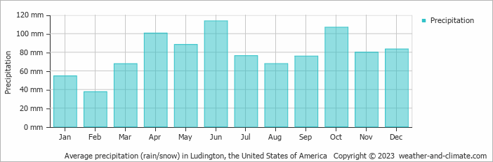 Average monthly rainfall, snow, precipitation in Ludington, the United States of America