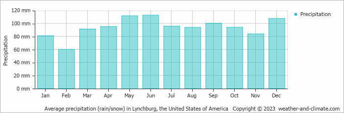 Average monthly rainfall, snow, precipitation in Lynchburg, the United States of America